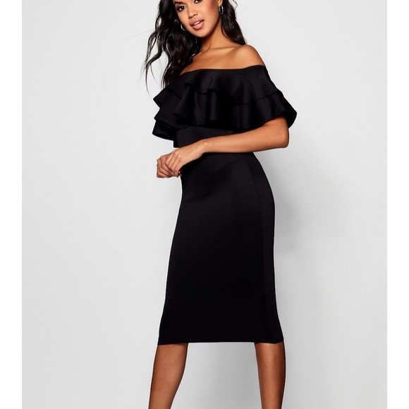 bardot off shoulder frill midi dress